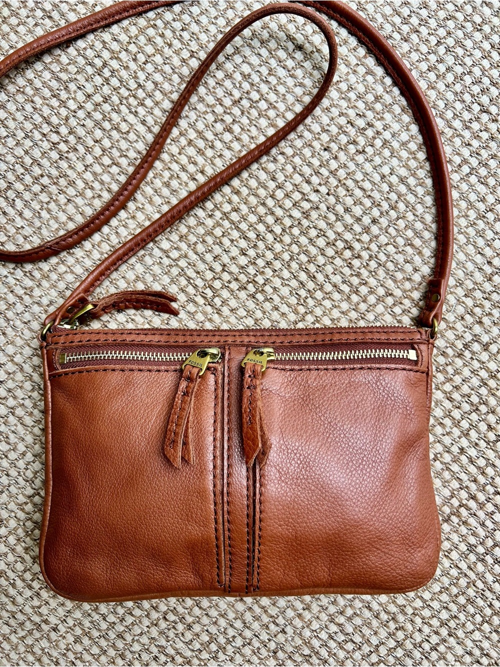 🦕Fossil Brown Leather Crossbody Organizer Purse Double Zip Bag
